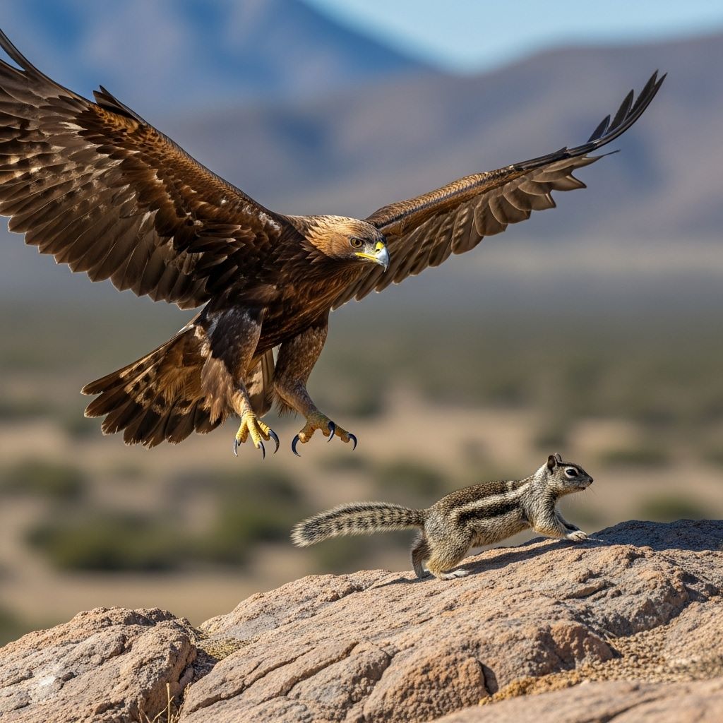 Ilustración — águila real atacando ardilla de tierra en zona desértica