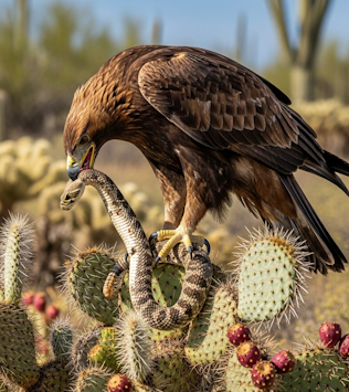 Ilustración — águila real con serpiente en nopal, símbolo del escudo nacional mexicano