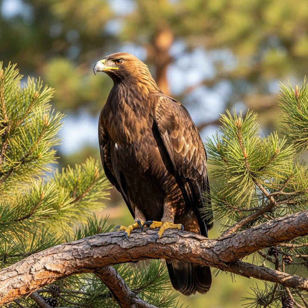Ilustración — águila real adulta perchada en pino, hábitat de bosque templado